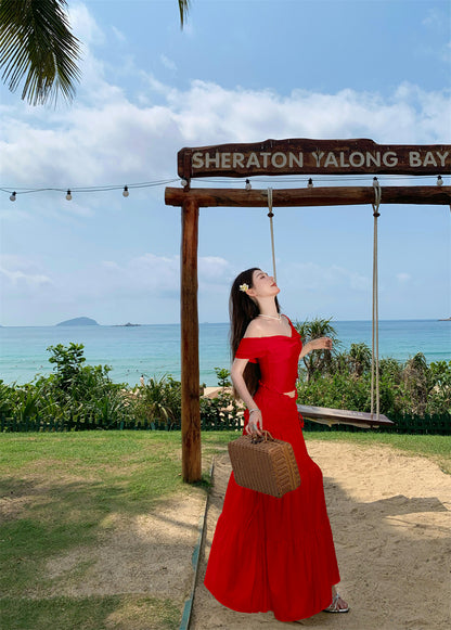 Fabulous 2-Piece Set A-Line Off-Shoulder Maxi Dress Hot Girls Seaside Shoots Red Flowy Long Dress AP3330