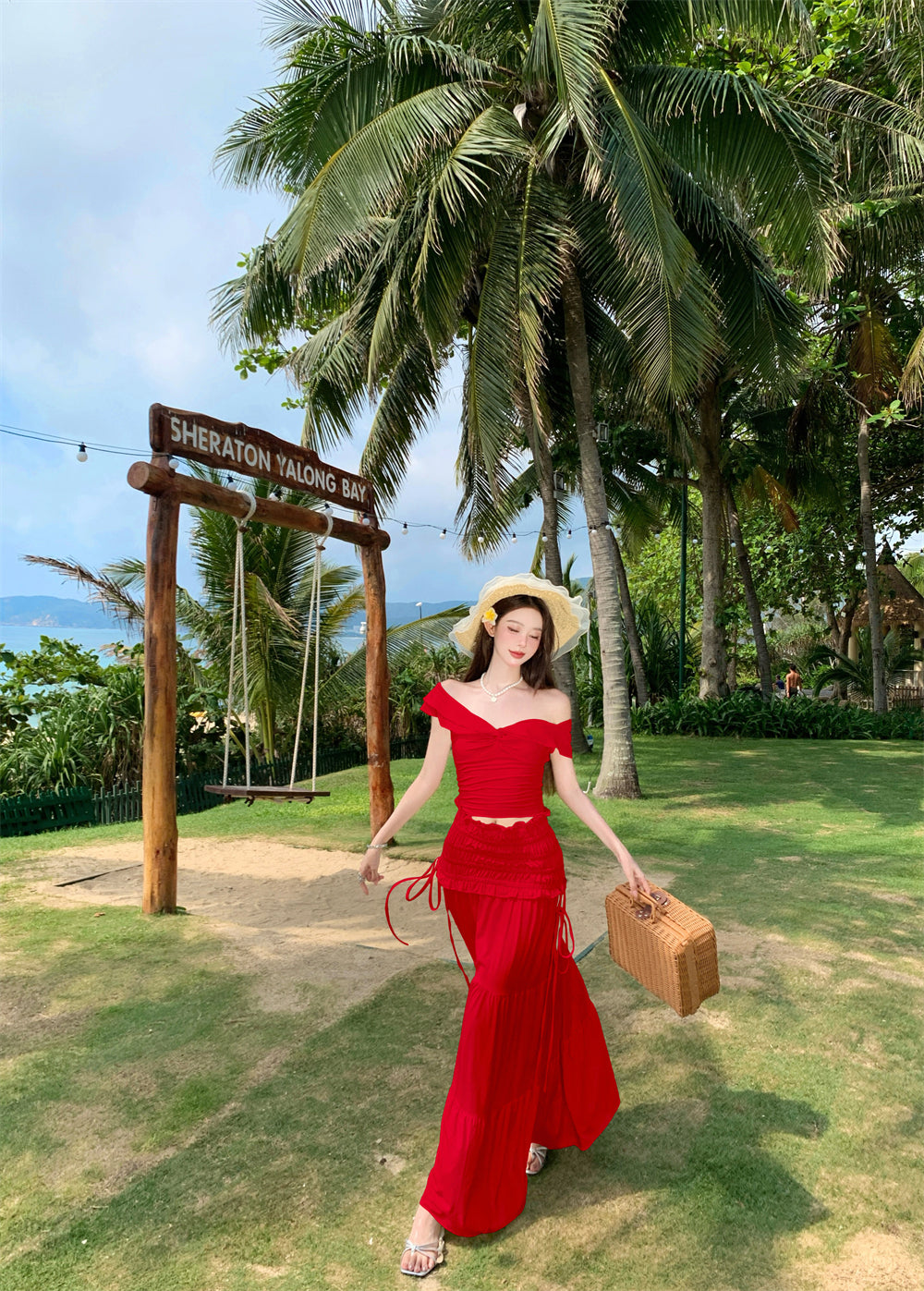 Fabulous 2-Piece Set A-Line Off-Shoulder Maxi Dress Hot Girls Seaside Shoots Red Flowy Long Dress AP3330