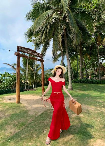 Fabulous 2-Piece Set A-Line Off-Shoulder Maxi Dress Hot Girls Seaside Shoots Red Flowy Long Dress AP3330