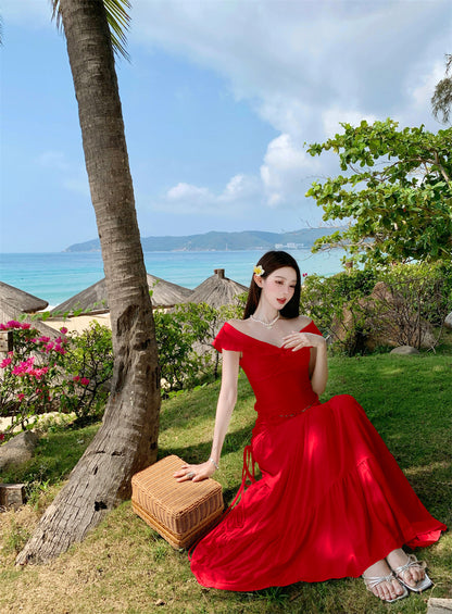 Fabulous 2-Piece Set A-Line Off-Shoulder Maxi Dress Hot Girls Seaside Shoots Red Flowy Long Dress AP3330