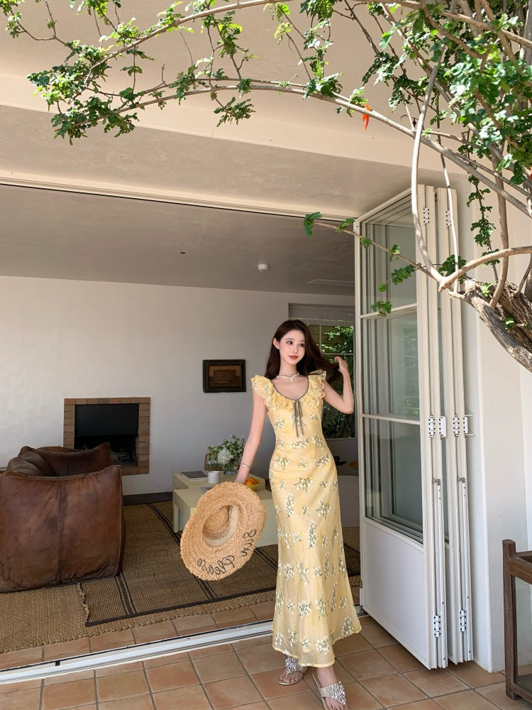 Elegant A-Line Jewel Neck Yellow Maxi Dress With Lining Vogue Ruffles Trimmed Outdoor Trip Floral Print Long Dress AP3331