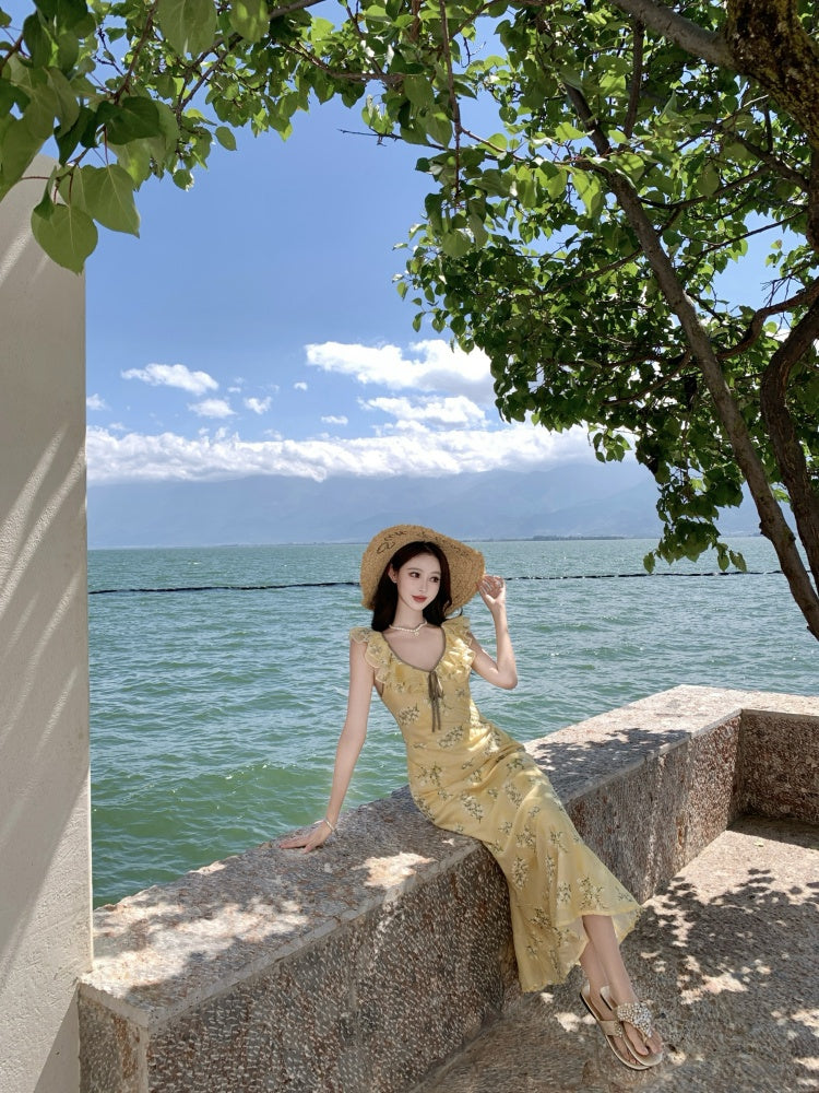 Elegant A-Line Jewel Neck Yellow Maxi Dress With Lining Vogue Ruffles Trimmed Outdoor Trip Floral Print Long Dress AP3331