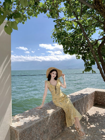 Elegant A-Line Jewel Neck Yellow Maxi Dress With Lining Vogue Ruffles Trimmed Outdoor Trip Floral Print Long Dress AP3331