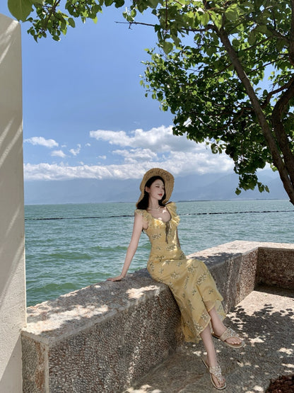 Elegant A-Line Jewel Neck Yellow Maxi Dress With Lining Vogue Ruffles Trimmed Outdoor Trip Floral Print Long Dress AP3331