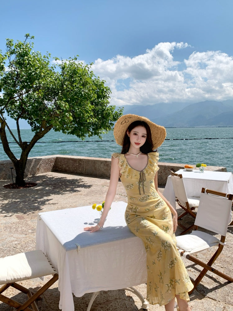 Elegant A-Line Jewel Neck Yellow Maxi Dress With Lining Vogue Ruffles Trimmed Outdoor Trip Floral Print Long Dress AP3331