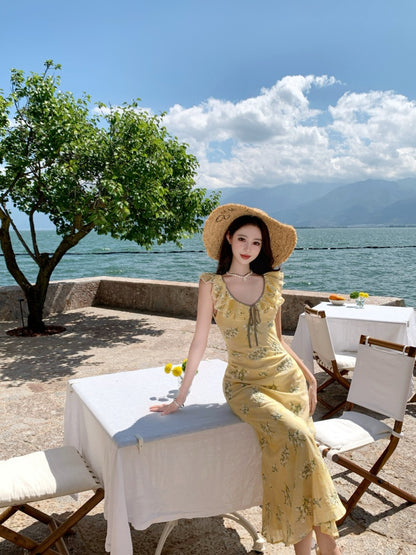 Elegant A-Line Jewel Neck Yellow Maxi Dress With Lining Vogue Ruffles Trimmed Outdoor Trip Floral Print Long Dress AP3331