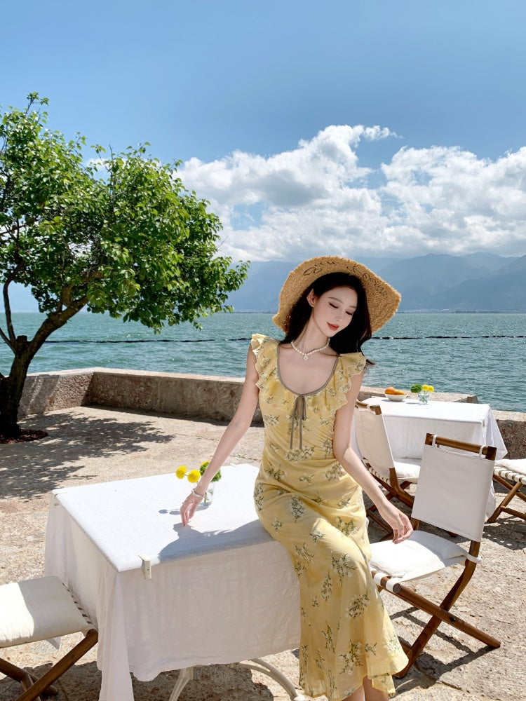 Elegant A-Line Jewel Neck Yellow Maxi Dress With Lining Vogue Ruffles Trimmed Outdoor Trip Floral Print Long Dress AP3331