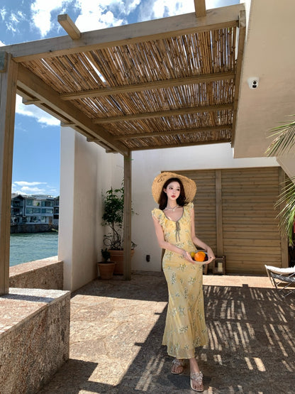 Elegant A-Line Jewel Neck Yellow Maxi Dress With Lining Vogue Ruffles Trimmed Outdoor Trip Floral Print Long Dress AP3331