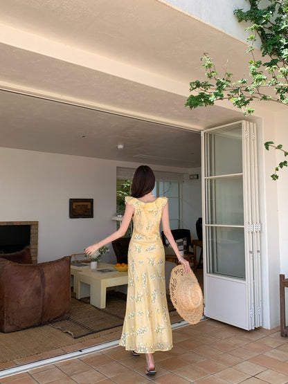 Elegant A-Line Jewel Neck Yellow Maxi Dress With Lining Vogue Ruffles Trimmed Outdoor Trip Floral Print Long Dress AP3331