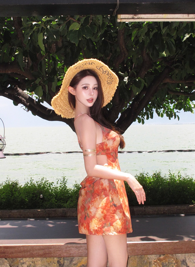 Fashionable Backless Sheath Mini Dress Vibrant Floral Print Spaghetti Strap Seaside Outfit Short Dress AP3332