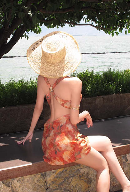 Fashionable Backless Sheath Mini Dress Vibrant Floral Print Spaghetti Strap Seaside Outfit Short Dress AP3332