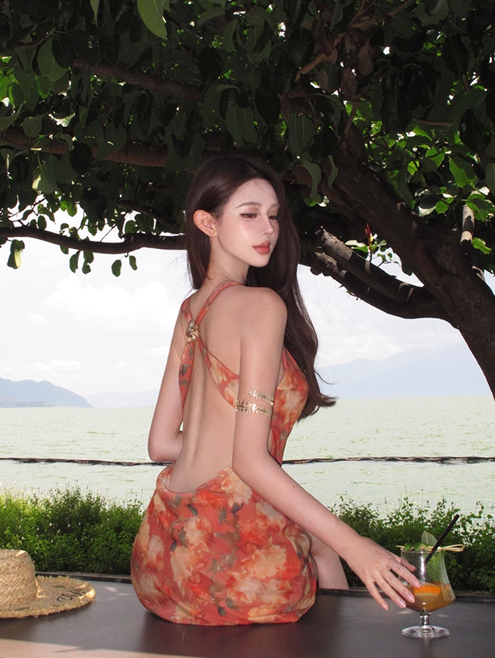 Fashionable Backless Sheath Mini Dress Vibrant Floral Print Spaghetti Strap Seaside Outfit Short Dress AP3332