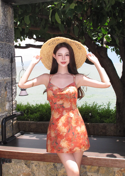 Fashionable Backless Sheath Mini Dress Vibrant Floral Print Spaghetti Strap Seaside Outfit Short Dress AP3332