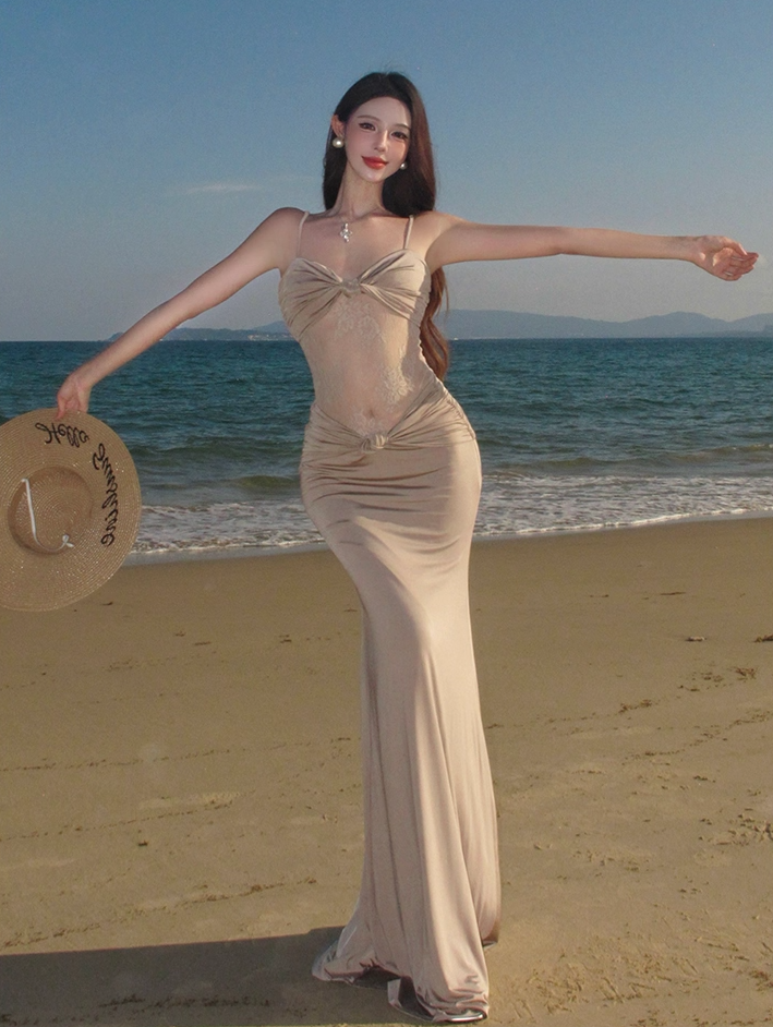 Vintage Spaghetti Strap Sheath Maxi Dress Sexy Sheer Lace Splicing Outdoor Trip Long Dress AP3333