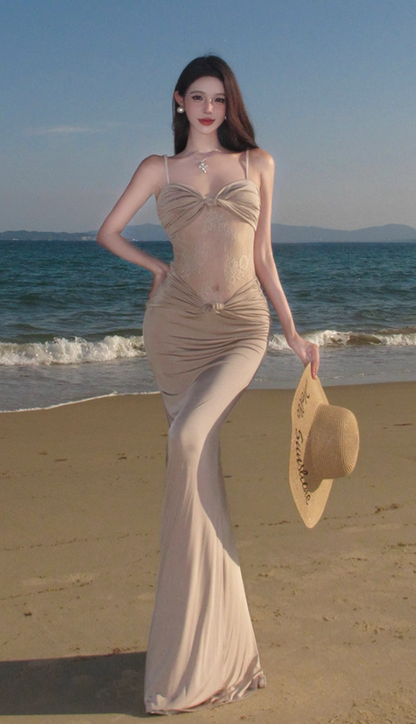 Vintage Spaghetti Strap Sheath Maxi Dress Sexy Sheer Lace Splicing Outdoor Trip Long Dress AP3333