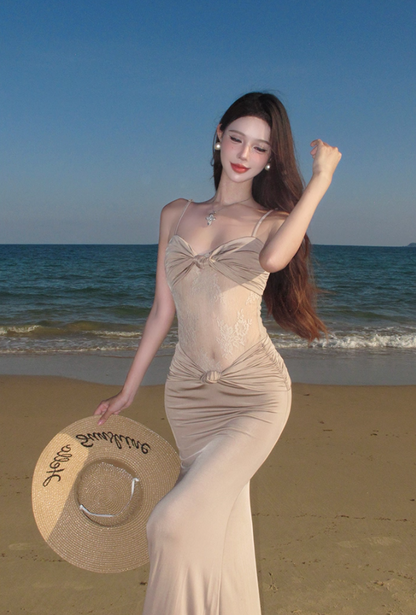 Vintage Spaghetti Strap Sheath Maxi Dress Sexy Sheer Lace Splicing Outdoor Trip Long Dress AP3333