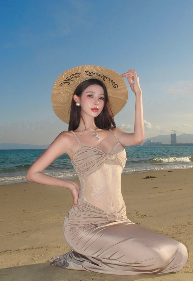 Vintage Spaghetti Strap Sheath Maxi Dress Sexy Sheer Lace Splicing Outdoor Trip Long Dress AP3333