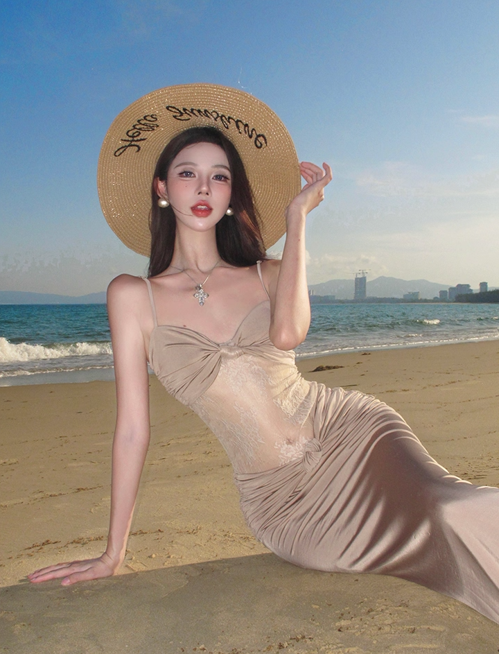 Vintage Spaghetti Strap Sheath Maxi Dress Sexy Sheer Lace Splicing Outdoor Trip Long Dress AP3333