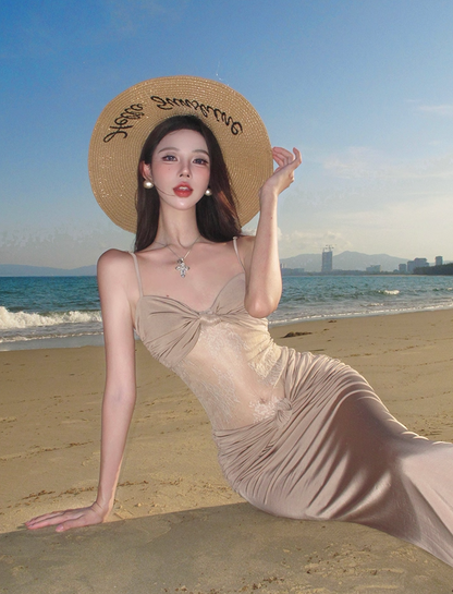 Vintage Spaghetti Strap Sheath Maxi Dress Sexy Sheer Lace Splicing Outdoor Trip Long Dress AP3333