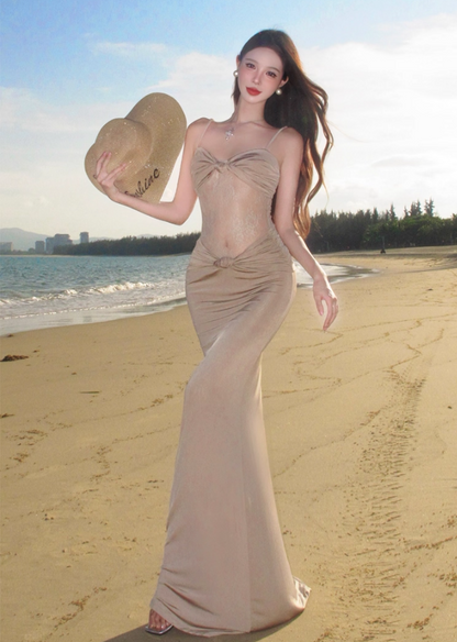 Vintage Spaghetti Strap Sheath Maxi Dress Sexy Sheer Lace Splicing Outdoor Trip Long Dress AP3333