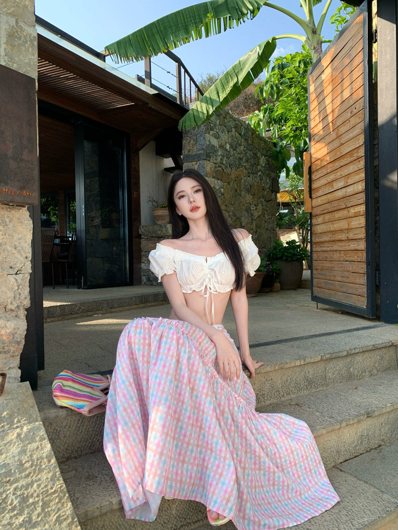 Charming Off-Shoulder Two-Piece A-Line Maxi Dresses Graceful Open-Waist Plaid Skirt Travel Outfit Long Dress AP3334