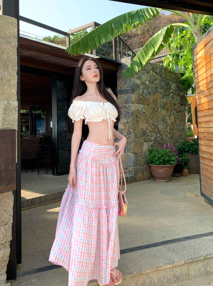 Charming Off-Shoulder Two-Piece A-Line Maxi Dresses Graceful Open-Waist Plaid Skirt Travel Outfit Long Dress AP3334