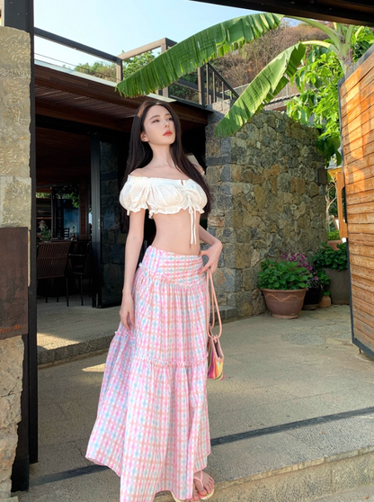 Charming Off-Shoulder Two-Piece A-Line Maxi Dresses Graceful Open-Waist Plaid Skirt Travel Outfit Long Dress AP3334