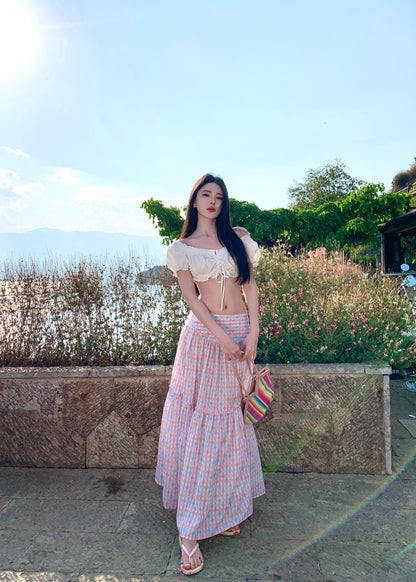 Charming Off-Shoulder Two-Piece A-Line Maxi Dresses Graceful Open-Waist Plaid Skirt Travel Outfit Long Dress AP3334
