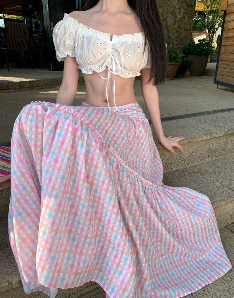 Charming Off-Shoulder Two-Piece A-Line Maxi Dresses Graceful Open-Waist Plaid Skirt Travel Outfit Long Dress AP3334