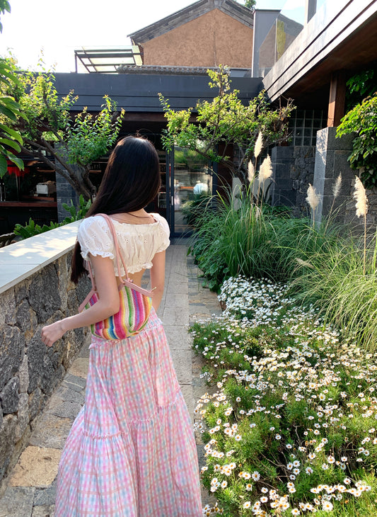 Charming Off-Shoulder Two-Piece A-Line Maxi Dresses Graceful Open-Waist Plaid Skirt Travel Outfit Long Dress AP3334