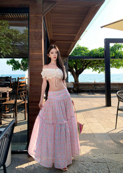 Charming Off-Shoulder Two-Piece A-Line Maxi Dresses Graceful Open-Waist Plaid Skirt Travel Outfit Long Dress AP3334