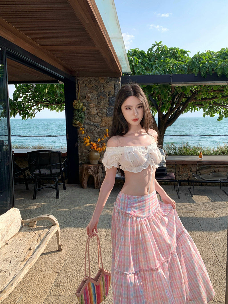 Charming Off-Shoulder Two-Piece A-Line Maxi Dresses Graceful Open-Waist Plaid Skirt Travel Outfit Long Dress AP3334