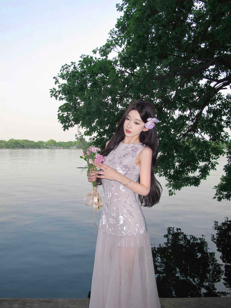 Ornate A-Line Jewel Neck Maxi Dress Gen Z Style Tulle Splicing Hem Floral Print Long Dress AP3335