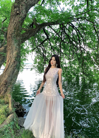 Ornate A-Line Jewel Neck Maxi Dress Gen Z Style Tulle Splicing Hem Floral Print Long Dress AP3335