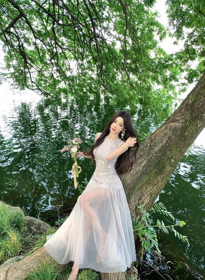 Ornate A-Line Jewel Neck Maxi Dress Gen Z Style Tulle Splicing Hem Floral Print Long Dress AP3335