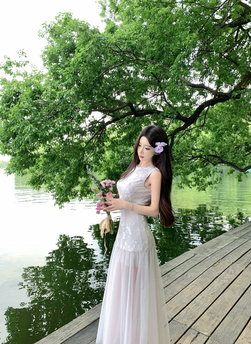 Ornate A-Line Jewel Neck Maxi Dress Gen Z Style Tulle Splicing Hem Floral Print Long Dress AP3335