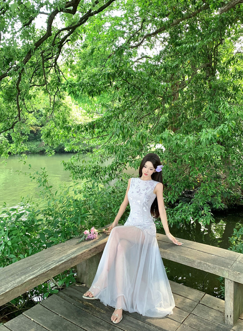 Ornate A-Line Jewel Neck Maxi Dress Gen Z Style Tulle Splicing Hem Floral Print Long Dress AP3335