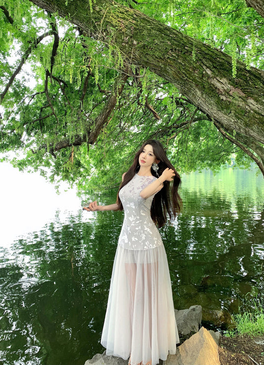 Ornate A-Line Jewel Neck Maxi Dress Gen Z Style Tulle Splicing Hem Floral Print Long Dress AP3335