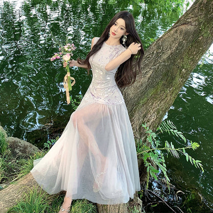 Ornate A-Line Jewel Neck Maxi Dress Gen Z Style Tulle Splicing Hem Floral Print Long Dress AP3335