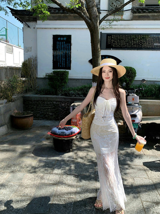 Fabulous Sheath 2-Piece Set Strapless Maxi Dresses Hot Girls Lace Splicing Double Layers Long Dress AP3336