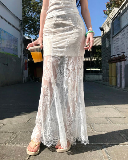 Fabulous Sheath 2-Piece Set Strapless Maxi Dresses Hot Girls Lace Splicing Double Layers Long Dress AP3336