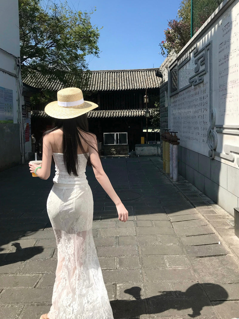 Fabulous Sheath 2-Piece Set Strapless Maxi Dresses Hot Girls Lace Splicing Double Layers Long Dress AP3336