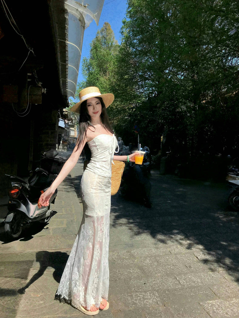 Fabulous Sheath 2-Piece Set Strapless Maxi Dresses Hot Girls Lace Splicing Double Layers Long Dress AP3336