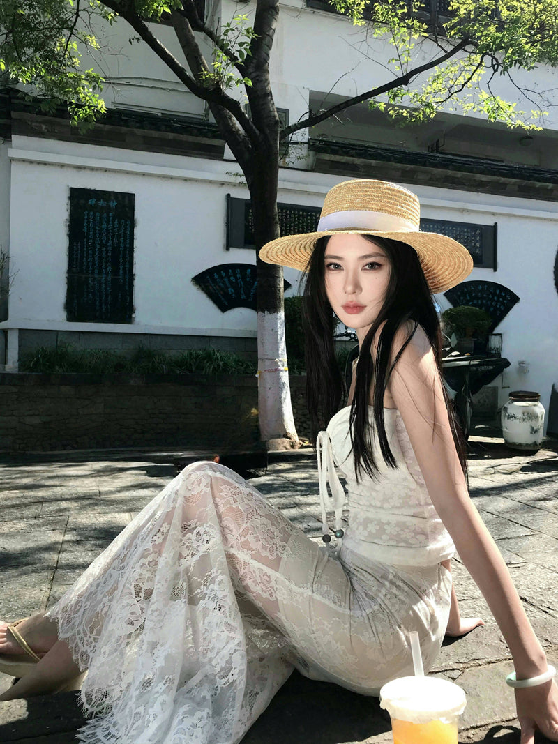 Fabulous Sheath 2-Piece Set Strapless Maxi Dresses Hot Girls Lace Splicing Double Layers Long Dress AP3336