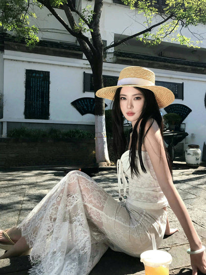 Fabulous Sheath 2-Piece Set Strapless Maxi Dresses Hot Girls Lace Splicing Double Layers Long Dress AP3336