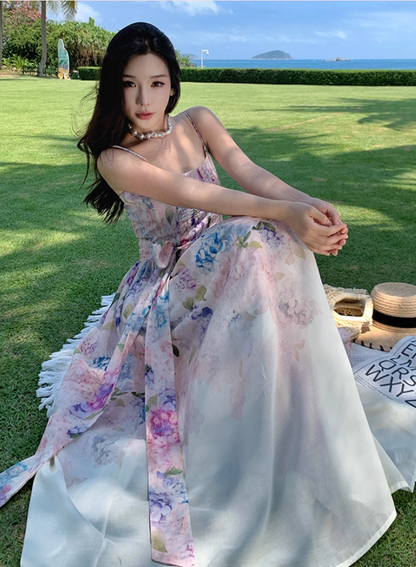 Chic Spaghetti Strap A-Line Maxi Dress Delicate Bow Floral Print Cinched-Waist Long Dress AP3337