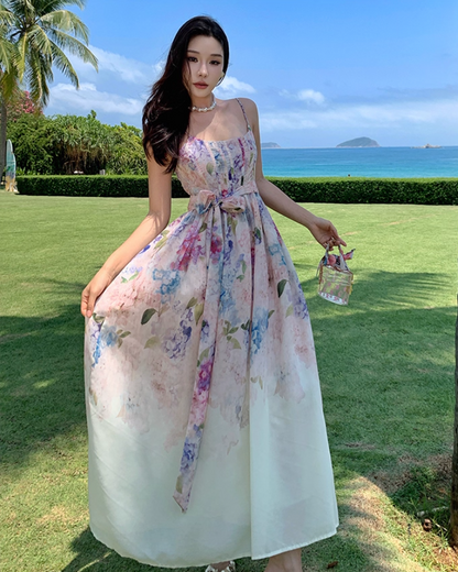 Chic Spaghetti Strap A-Line Maxi Dress Delicate Bow Floral Print Cinched-Waist Long Dress AP3337