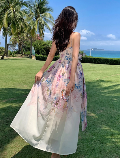 Chic Spaghetti Strap A-Line Maxi Dress Delicate Bow Floral Print Cinched-Waist Long Dress AP3337