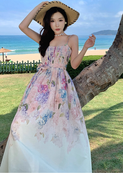 Chic Spaghetti Strap A-Line Maxi Dress Delicate Bow Floral Print Cinched-Waist Long Dress AP3337