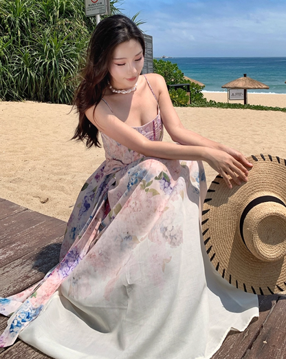 Chic Spaghetti Strap A-Line Maxi Dress Delicate Bow Floral Print Cinched-Waist Long Dress AP3337